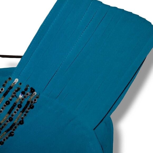 Mimi Singh Womens Dress‎ Sz Small Turquoise Silk Chiffon Beaded Asymmetrical Hem - Picture 5 of 11